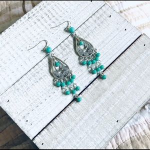 Turquoise Teardrop Chandelier Silver Earrings NWT